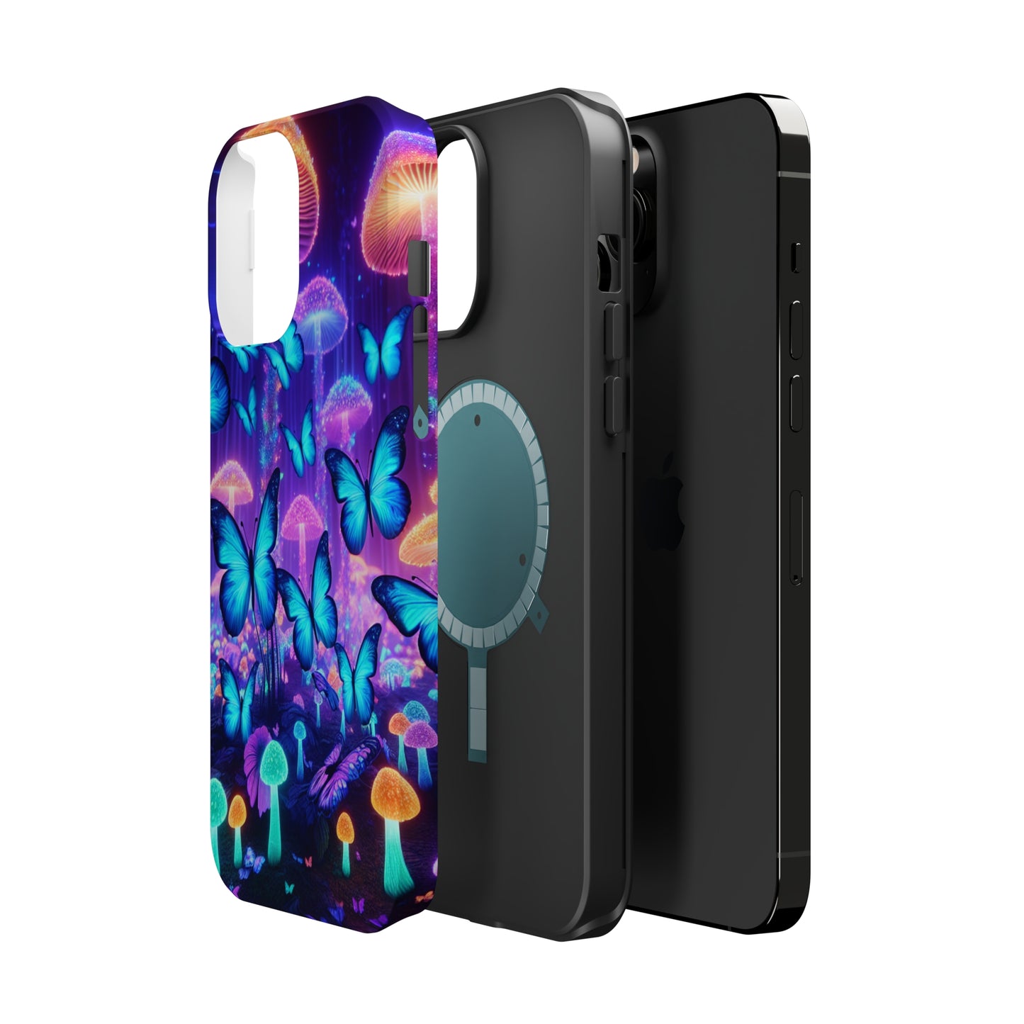 Neon Delight Landscape Neon Butterflies and Mushrooms Premium Art Magsafe Magnet Tough IPhone 13 14 15 Pro Plus Max and Mini in Matte and Glossy Phone cases