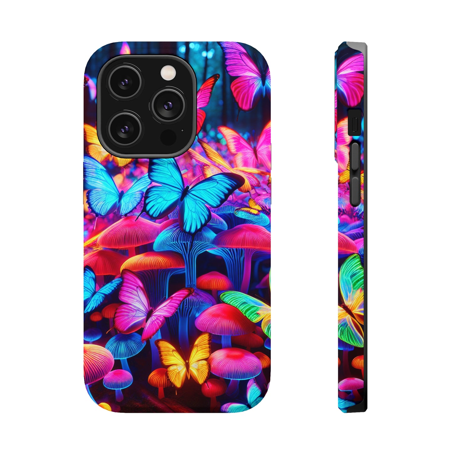 "Neon Tie-Dye Garden" Neon Butterflies and Mushrooms Premium Art Magsafe Magnet Tough IPhone 13 14 15 Pro Plus Max and Mini in Matte and Glossy Phone cases