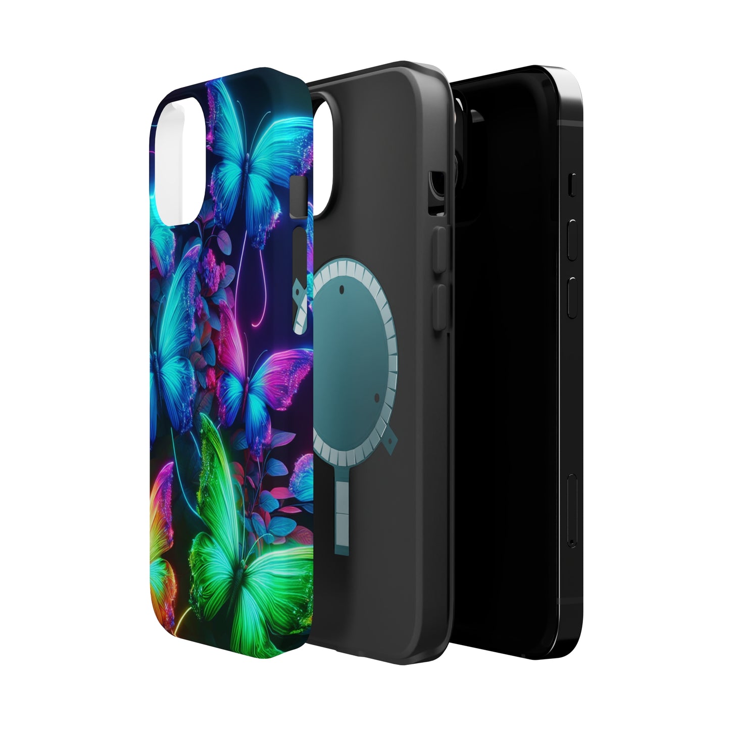 Neon Flutter Symphony Neon Butterflies Premium Art Magsafe Magnet Tough IPhone 13 14 15 Pro Plus Max and Mini in Matte and Glossy Phone cases
