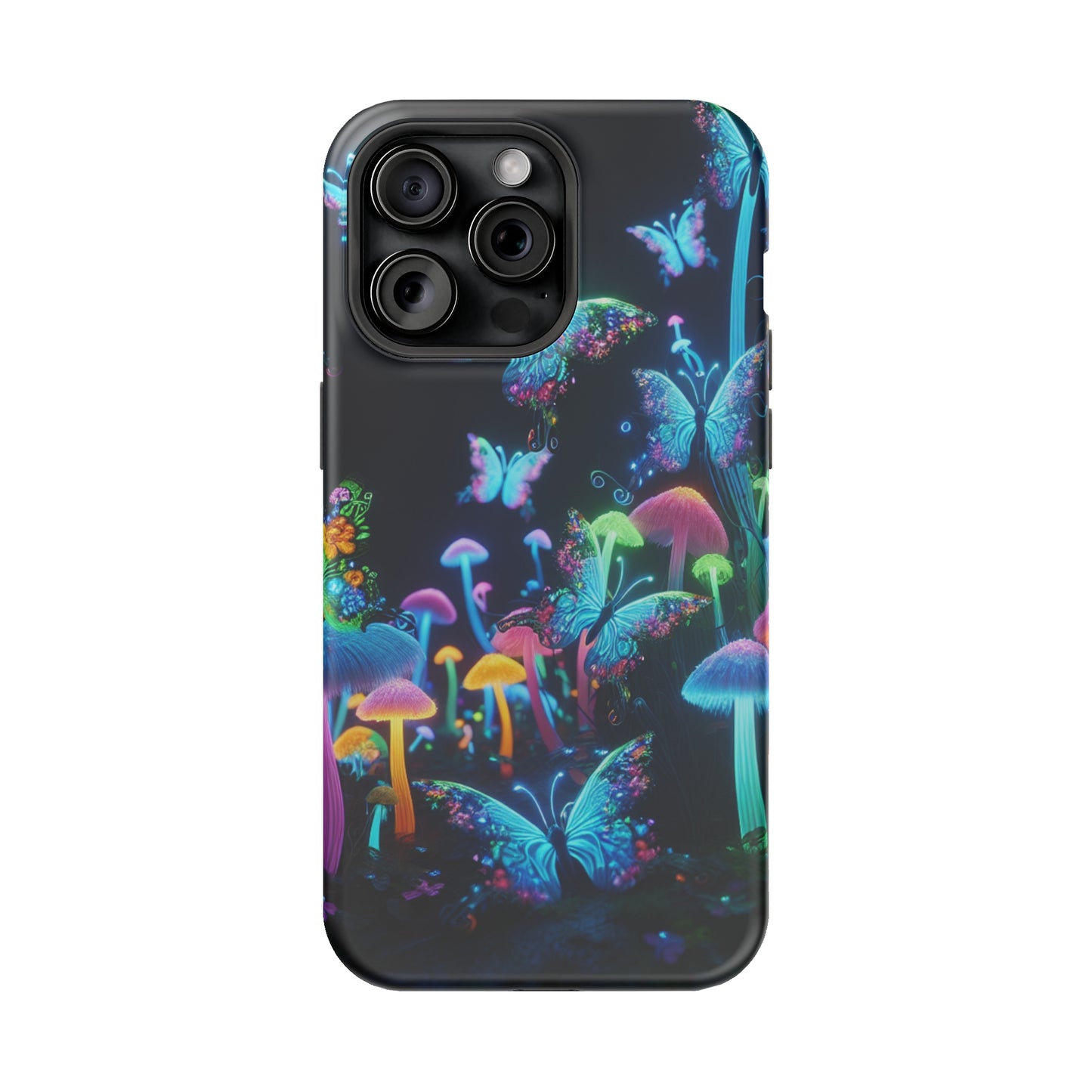 "Neon Dreamscape" Neon Butterflies and Mushrooms Premium Art Magsafe Magnet Tough IPhone 13 14 15 Pro Plus Max and Mini in Matte and Glossy Phone cases
