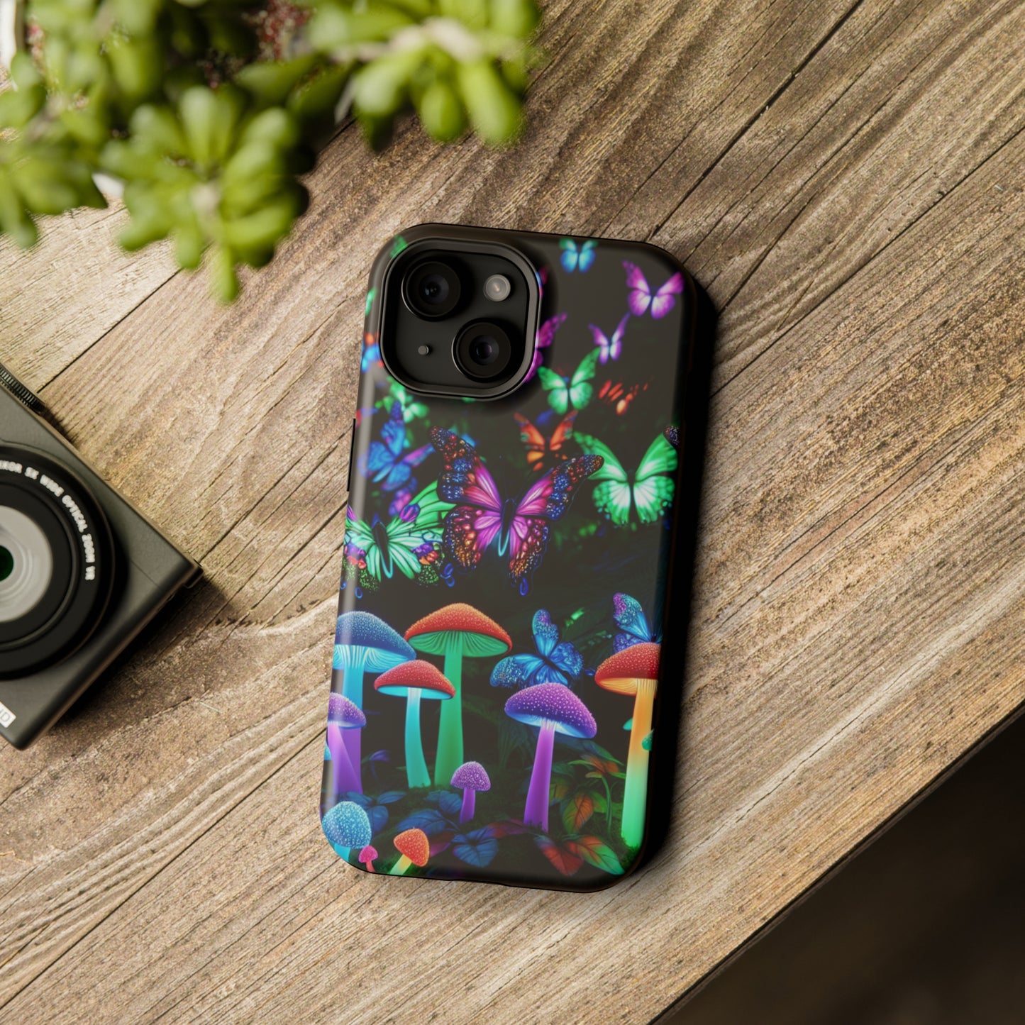 "Neon Burst Wonderland". Neon Butterflies and Mushrooms Premium Art Magsafe Magnet Tough IPhone 13 14 15 Pro Plus Max and Mini in Matte and Glossy Phone cases