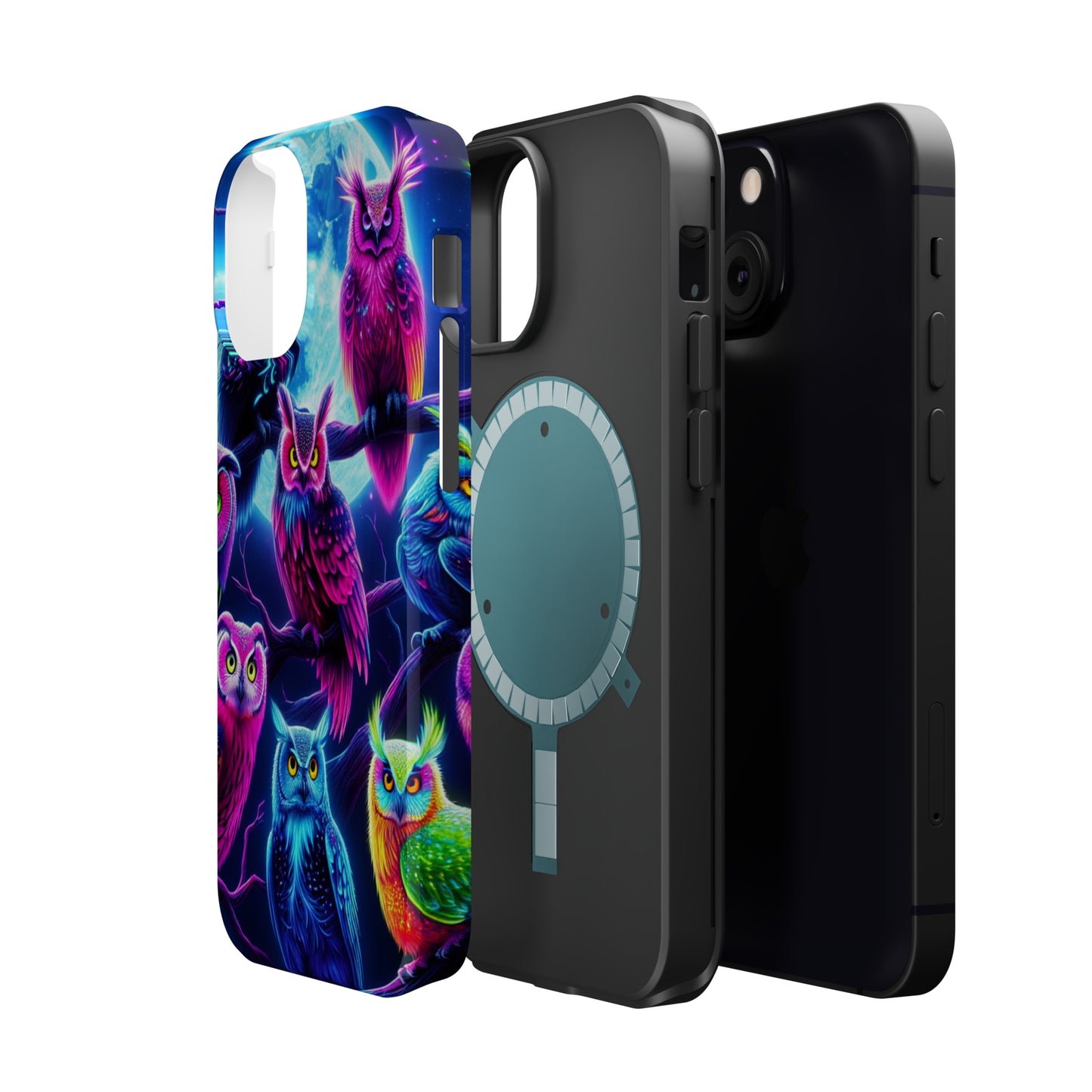"Neon Splash of Owls" Neon Owls Premium Art Magsafe Magnet Tough IPhone 13 14 15 Pro Plus Max and Mini in Matte and Glossy Phone cases