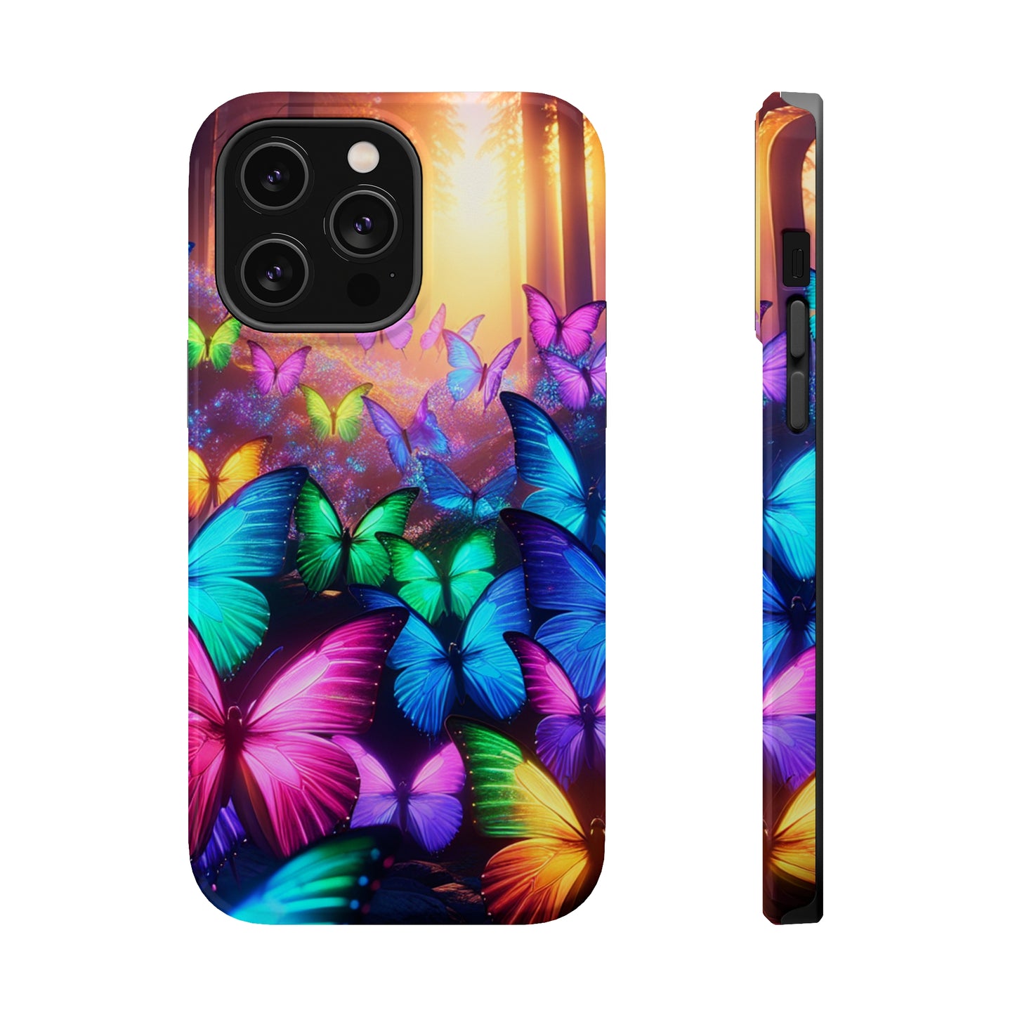 "Radiant Glowing Flight" Neon Butterflies Premium Art Magsafe Magnet Tough IPhone 13 14 15 Pro Plus Max and Mini in Matte and Glossy Phone cases