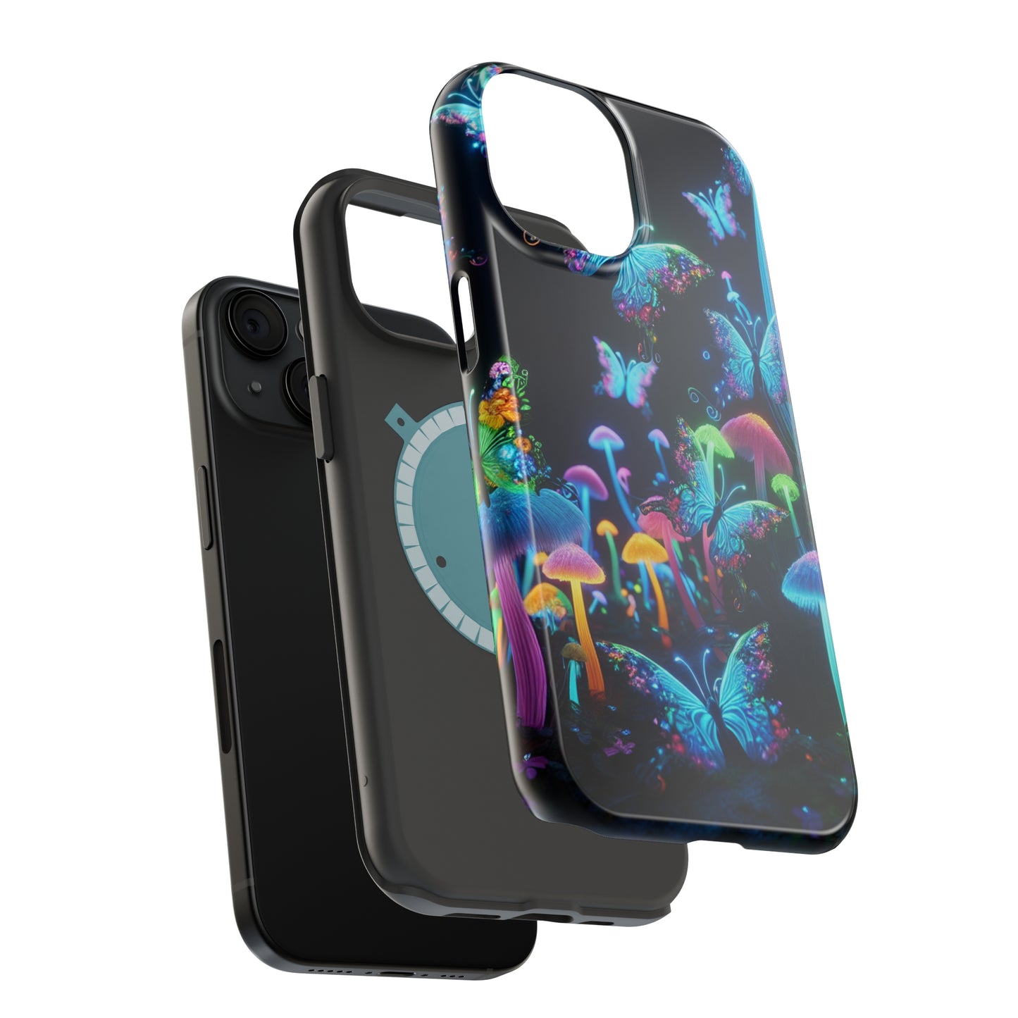 "Neon Dreamscape" Neon Butterflies and Mushrooms Premium Art Magsafe Magnet Tough IPhone 13 14 15 Pro Plus Max and Mini in Matte and Glossy Phone cases