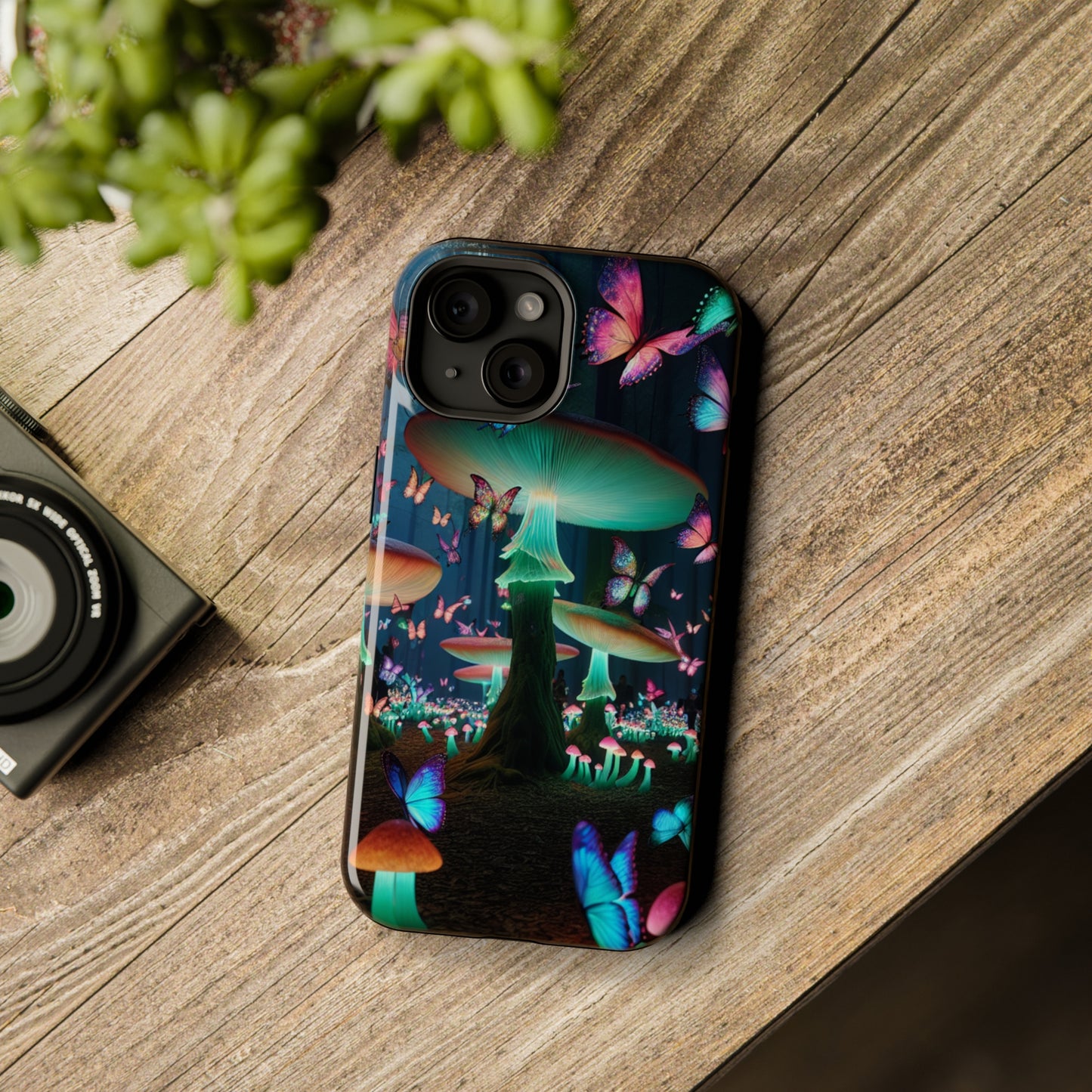 Neon Garden Delight. Neon Butterflies and Mushrooms Premium Art Magsafe Magnet Tough IPhone 13 14 15 Pro Plus Max and Mini in Matte and Glossy Phone cases