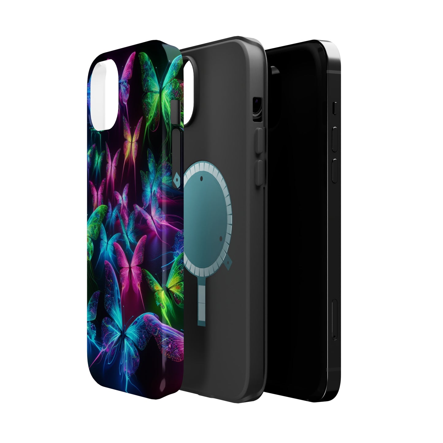 'Euphoria in Neon Flight' Neon Butterflies Premium Art Magsafe Magnet Tough IPhone 13 14 15 Pro Plus Max and Mini in Matte and Glossy Phone cases