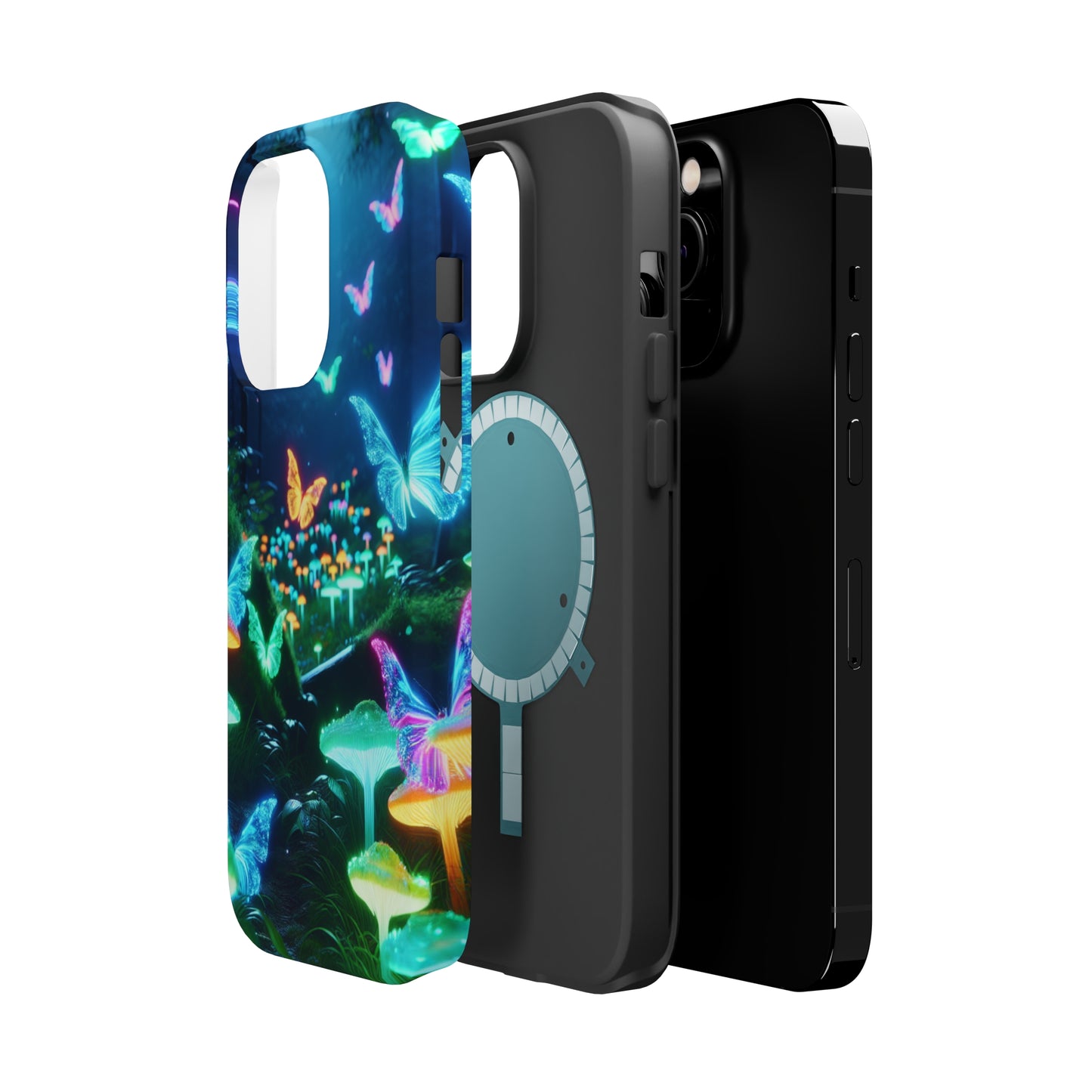 "Neon Meadow" Neon Butterflies and Mushrooms Premium Art Magsafe Magnet Tough IPhone 13 14 15 Pro Plus Max and Mini in Matte and Glossy Phone cases