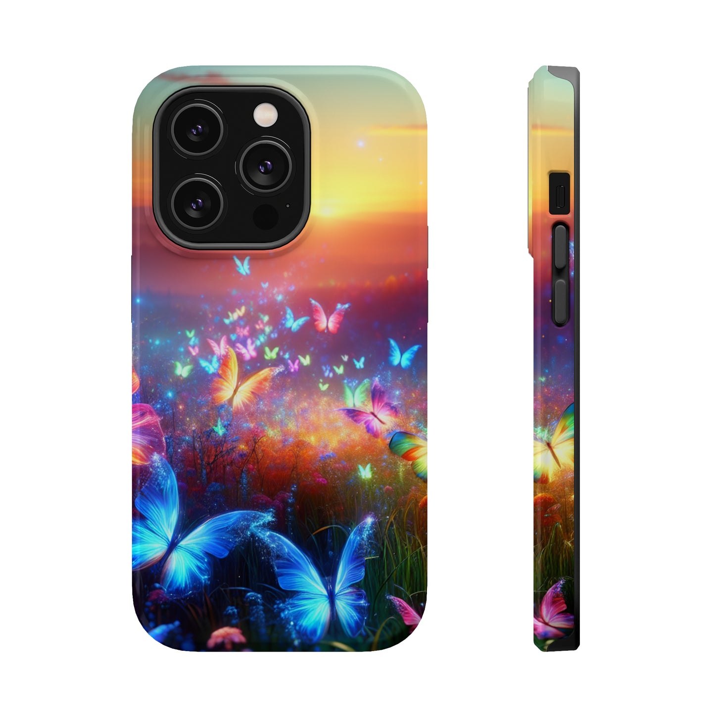 Neon Flight Fantasy Neon Butterflies Premium Art Magsafe Magnet Tough IPhone 13 14 15 Pro Plus Max and Mini in Matte and Glossy Phone cases
