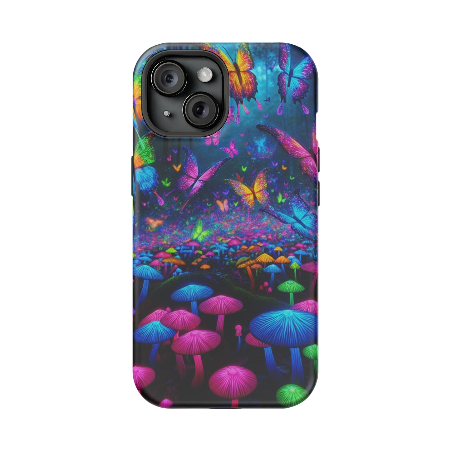 Neon Fruition Neon Butterflies and Mushrooms Premium Art Magsafe Magnet Tough IPhone 13 14 15 Pro Plus Max and Mini in Matte and Glossy Phone cases
