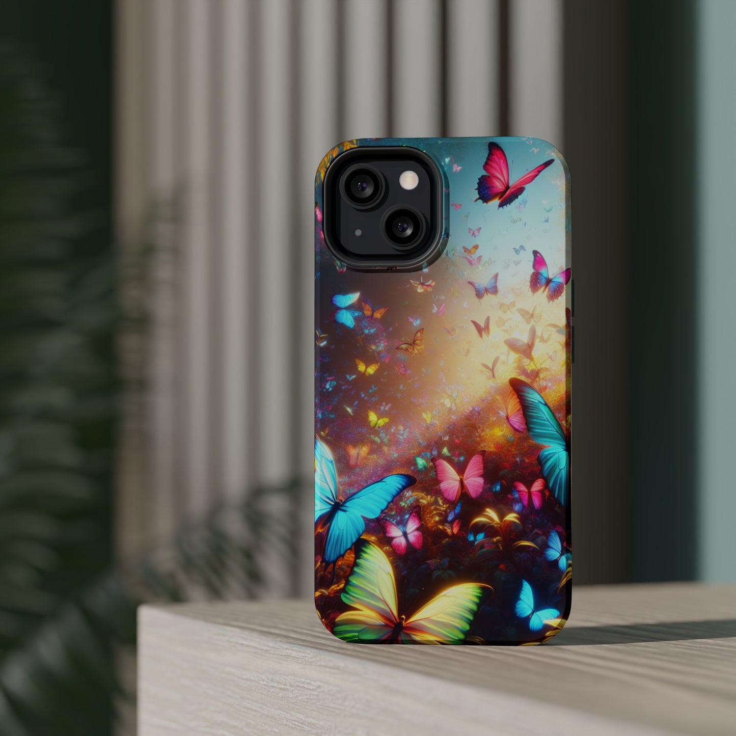 "Neon Butterfly Blooms" Neon Butterflies Premium Art Magsafe Magnet Tough IPhone 13 14 15 Pro Plus Max and Mini in Matte and Glossy Phone cases