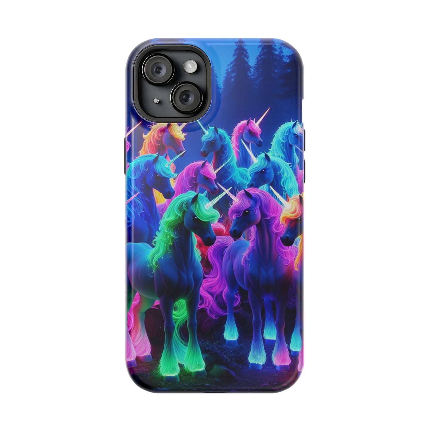 "Neon Fantasyland" Neon Unicorns Premium Art Magsafe Magnet Tough IPhone 13 14 15 Pro Plus Max and Mini in Matte and Glossy Phone cases
