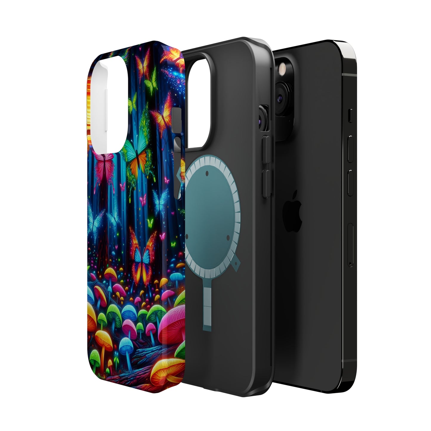 Neon Fantasia. Neon Butterflies and Mushrooms Premium Art Magsafe Magnet Tough IPhone 13 14 15 Pro Plus Max and Mini in Matte and Glossy Phone cases