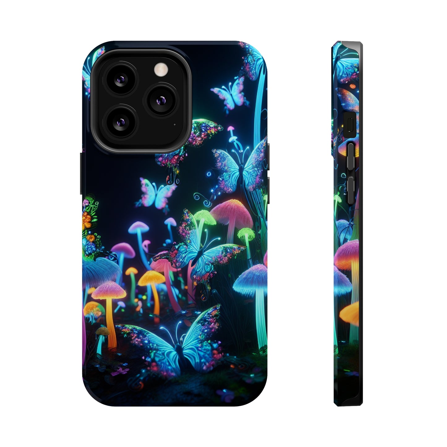 "Neon Dreamscape" Neon Butterflies and Mushrooms Premium Art Magsafe Magnet Tough IPhone 13 14 15 Pro Plus Max and Mini in Matte and Glossy Phone cases