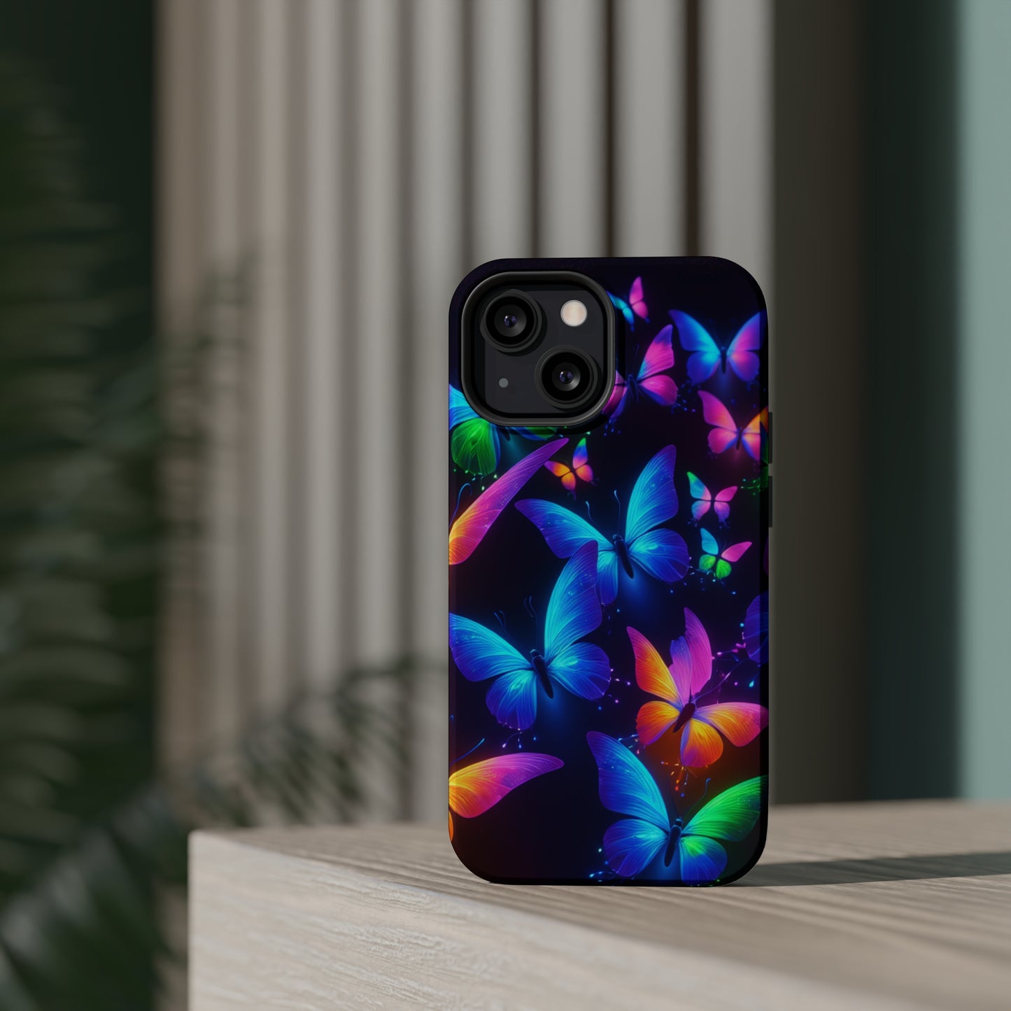 "Vibrant Neon Flutter" Neon Butterflies Premium Art Magsafe Magnet Tough IPhone 13 14 15 Pro Plus Max and Mini in Matte and Glossy Phone cases