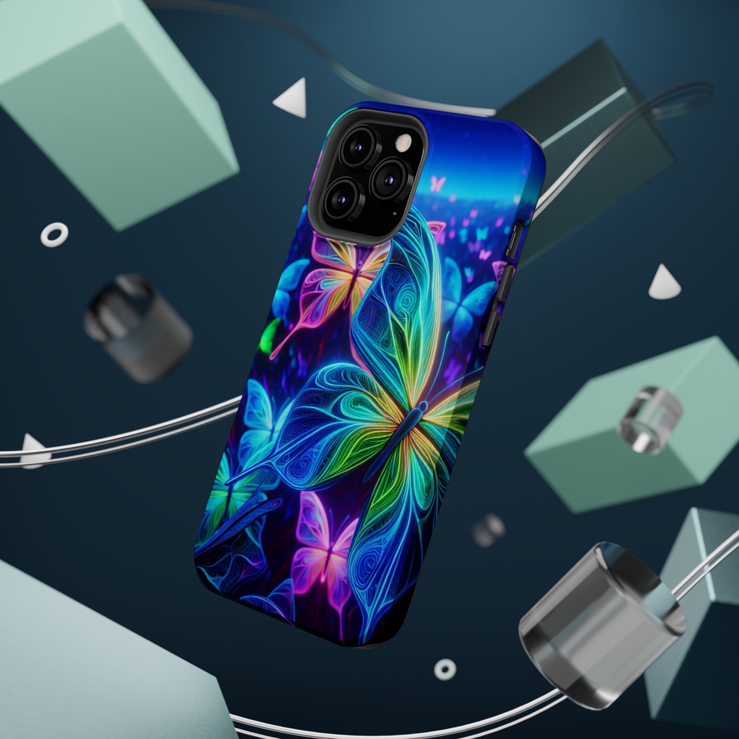 'Serene Spectacle of Neon Butterflies' Neon Butterflies Premium Art Magsafe Magnet Tough IPhone 13 14 15 Pro Plus Max and Mini in Matte and Glossy Phone cases