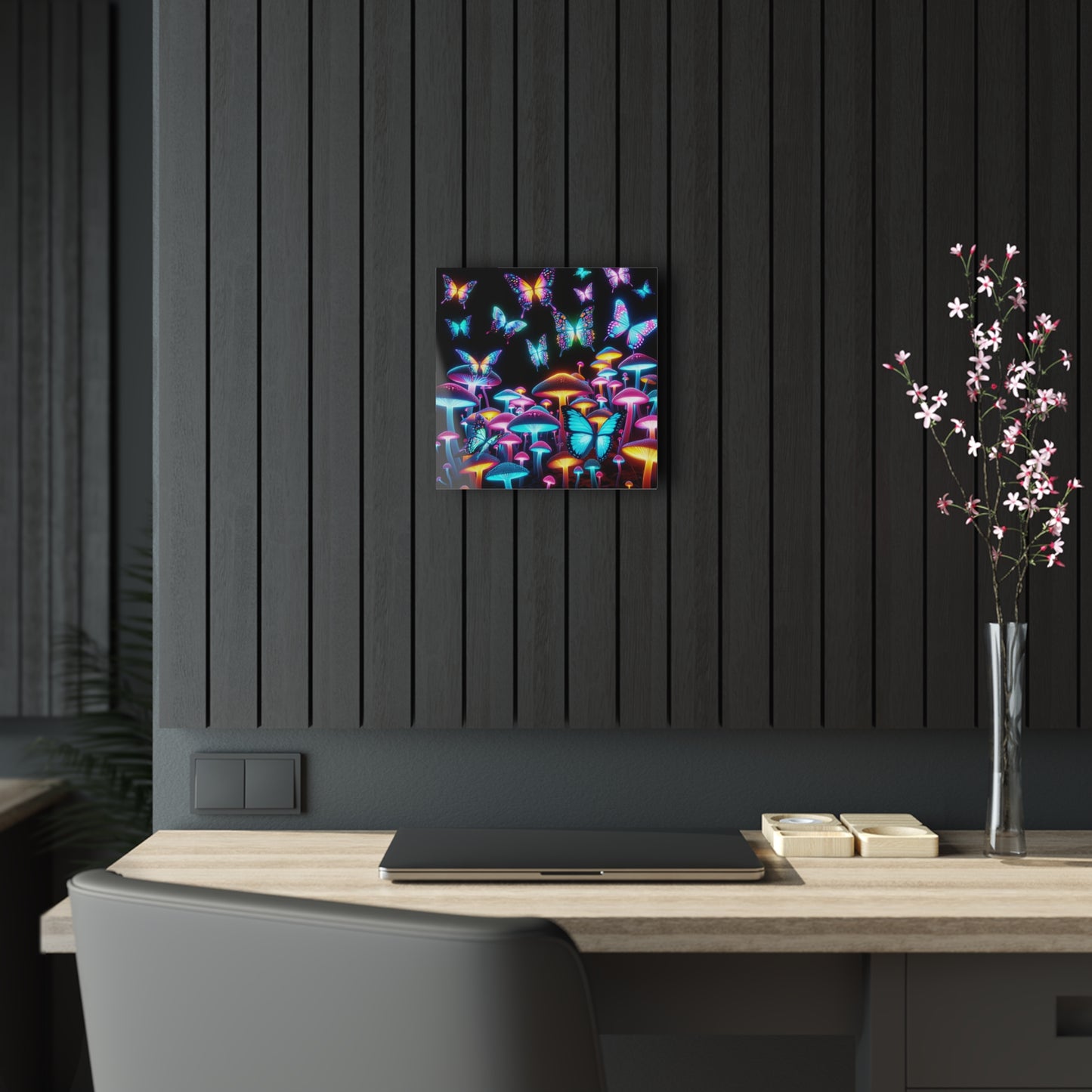 "Neon Splendor". Butterflies & Mushrooms 1/4" Glossy Acrylic Art
