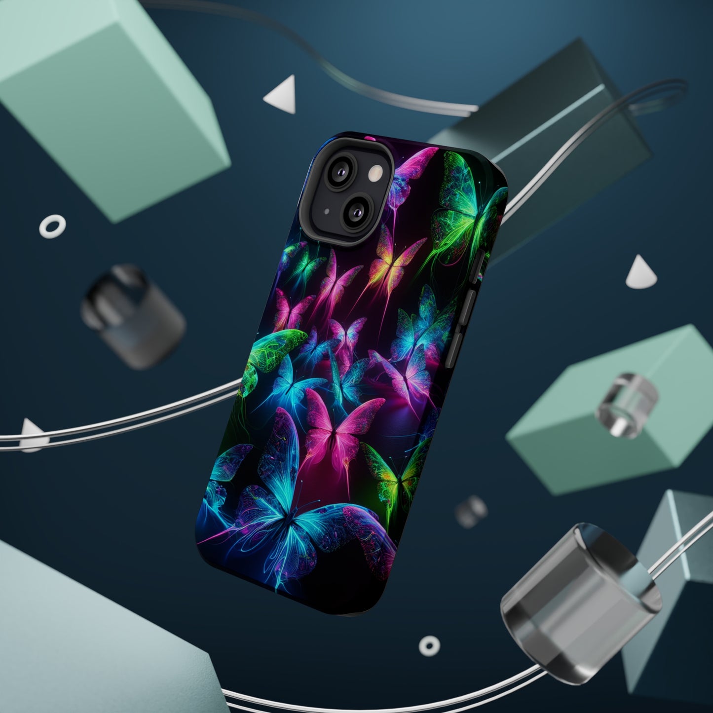 'Euphoria in Neon Flight' Neon Butterflies Premium Art Magsafe Magnet Tough IPhone 13 14 15 Pro Plus Max and Mini in Matte and Glossy Phone cases