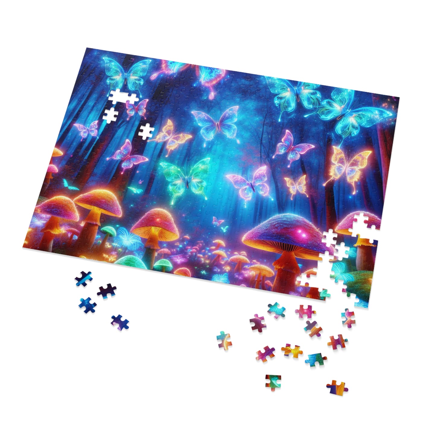 'Vibrant Neon Dreamscape' - Neon Butterflies and Mushrooms Puzzle 30, 110, 252, and 1000 Pieces