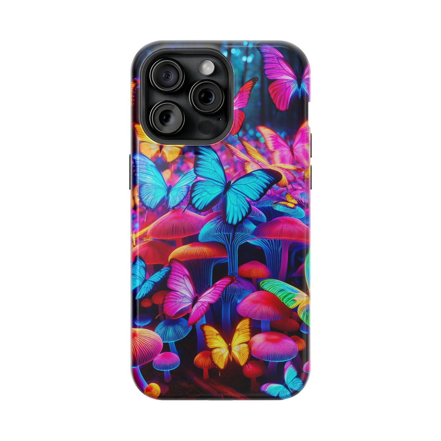 "Neon Tie-Dye Garden" Neon Butterflies and Mushrooms Premium Art Magsafe Magnet Tough IPhone 13 14 15 Pro Plus Max and Mini in Matte and Glossy Phone cases