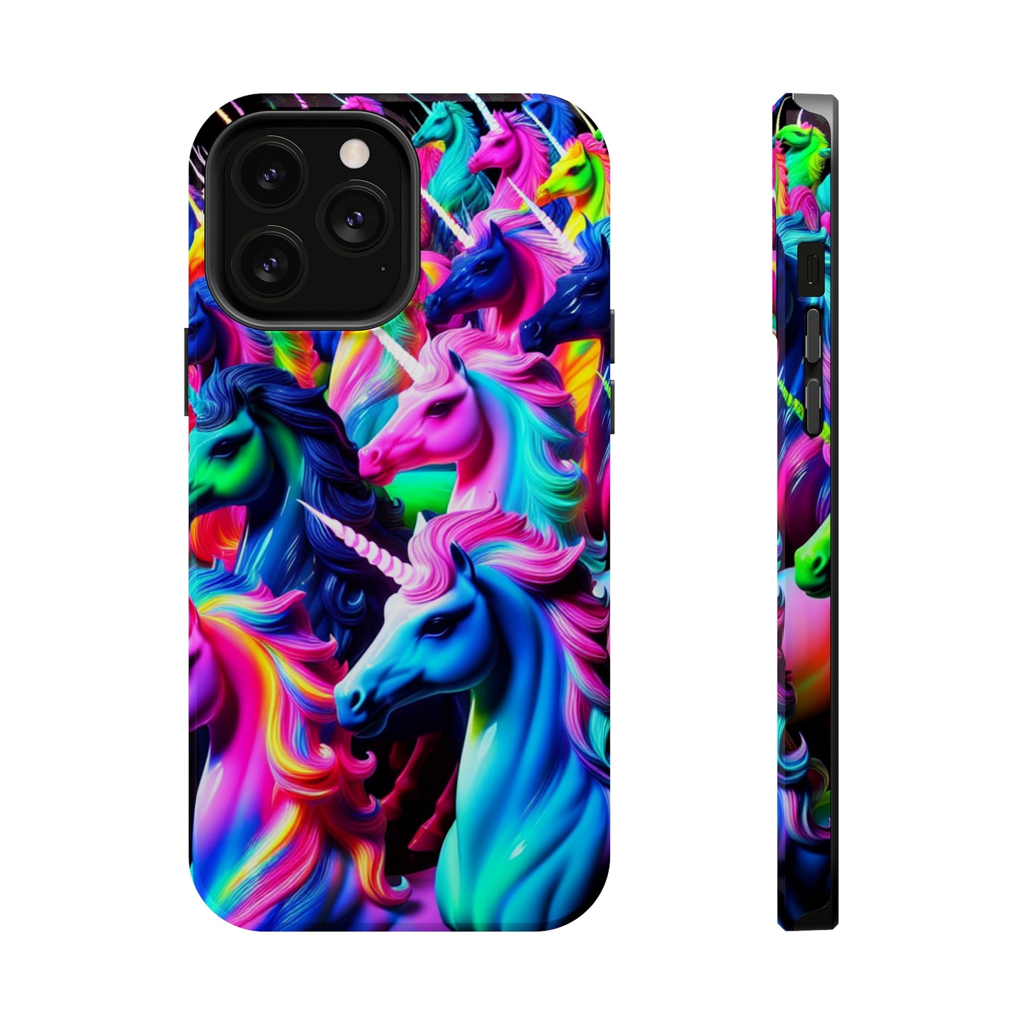 "Neon Illumination" Neon Unicorns Premium Art Magsafe Magnet Tough IPhone 13 14 15 Pro Plus Max and Mini in Matte and Glossy Phone cases
