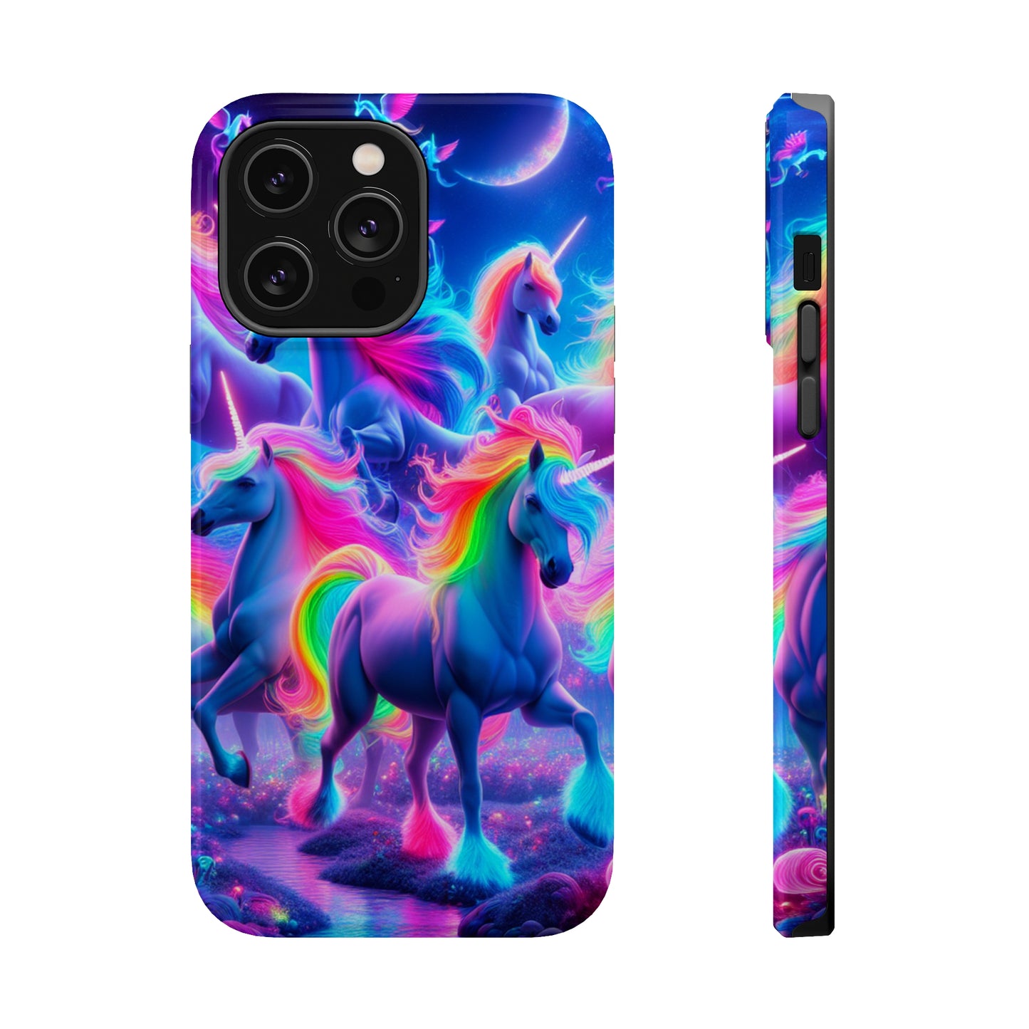 "Unicorn Prism" Neon Unicorns Premium Art Magsafe Magnet Tough IPhone 13 14 15 Pro Plus Max and Mini in Matte and Glossy Phone cases