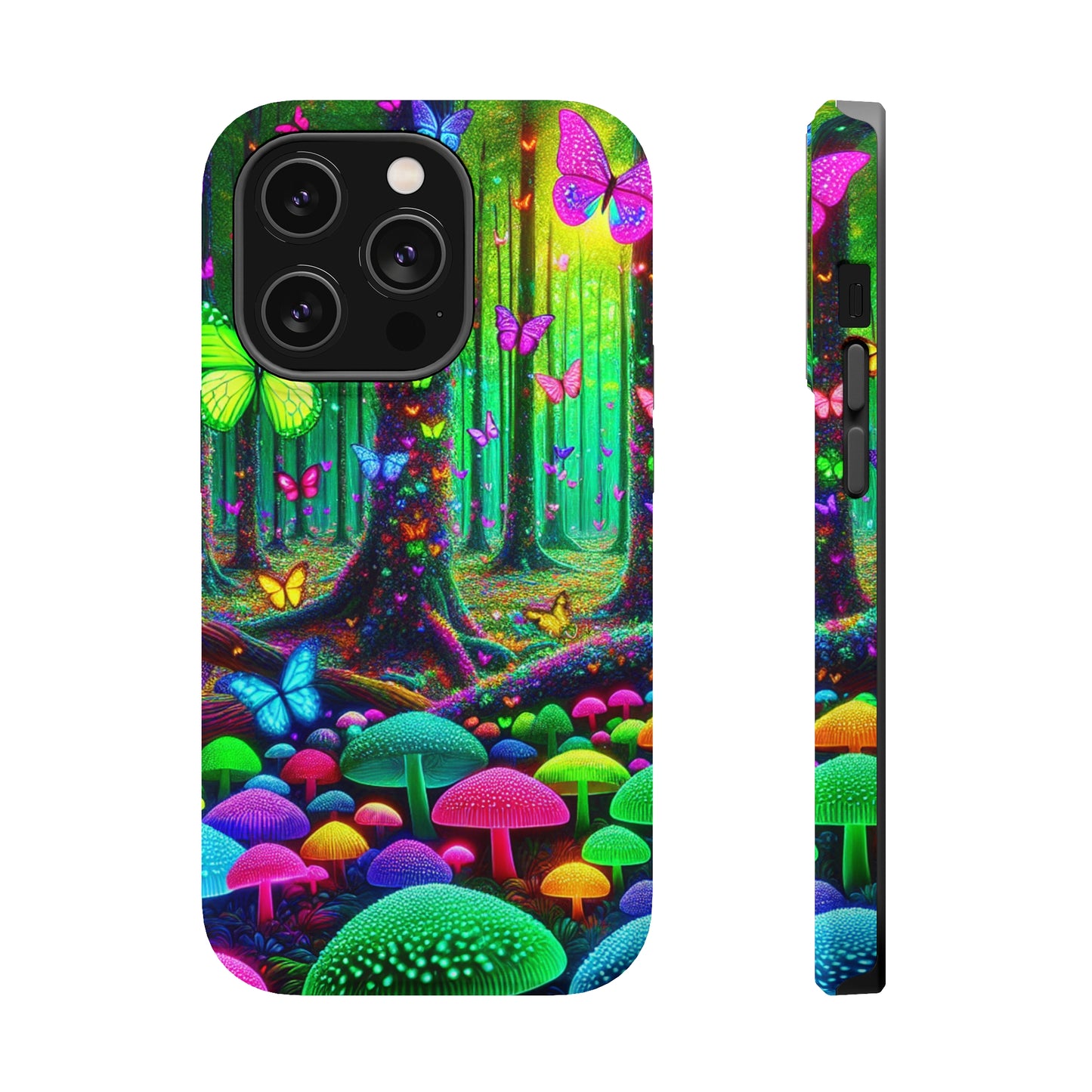 "Neon Garden Symphony". Neon Butterflies and Mushrooms Premium Art Magsafe Magnet Tough IPhone 13 14 15 Pro Plus Max and Mini in Matte and Glossy Phone cases