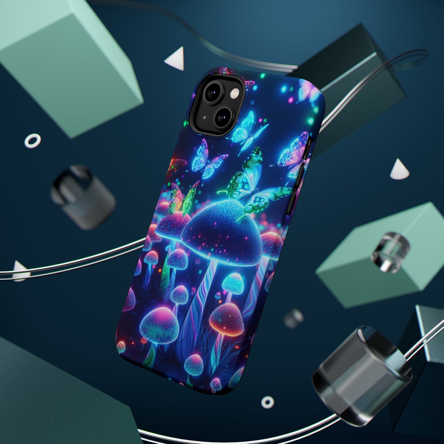 Neon Glitterbug Heaven. Neon Butterflies and Mushrooms Premium Art Magsafe Magnet Tough IPhone 13 14 15 Pro Plus Max and Mini in Matte and Glossy Phone cases