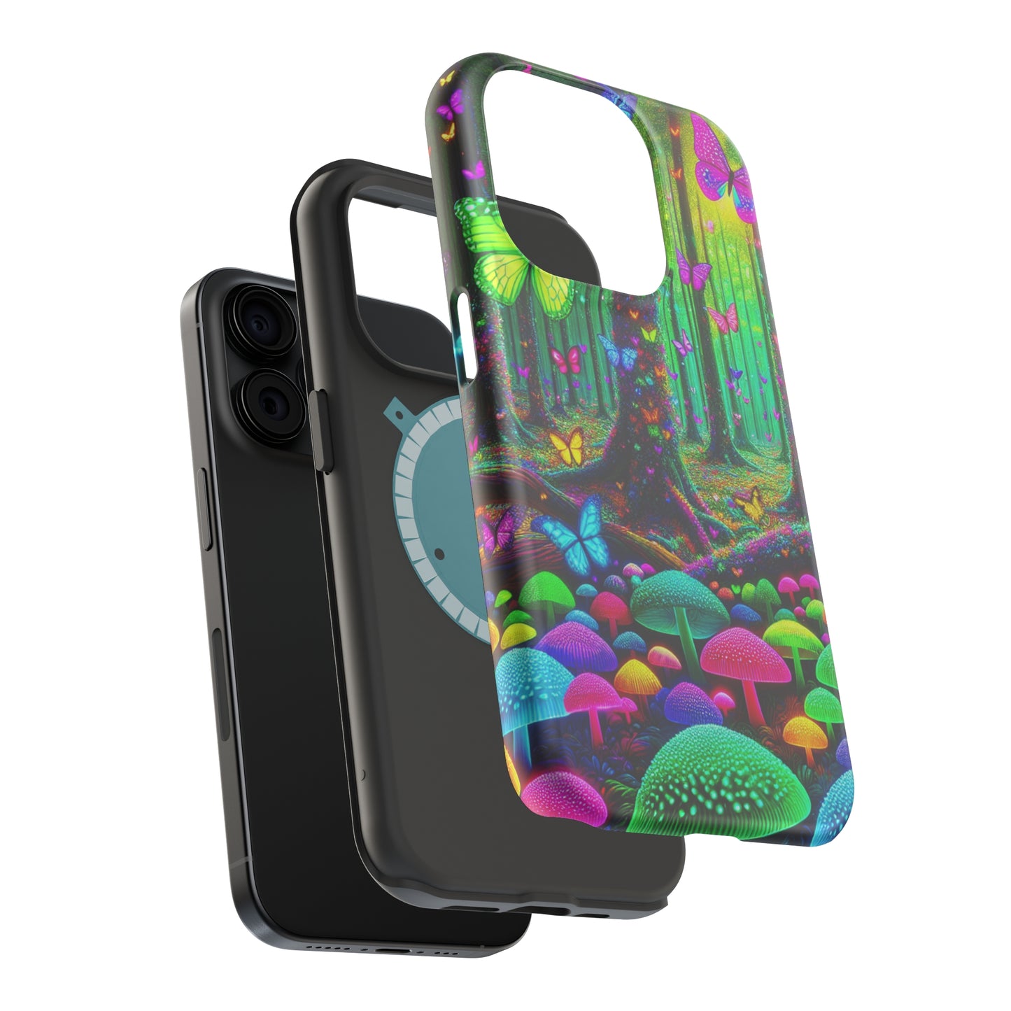 "Neon Garden Symphony". Neon Butterflies and Mushrooms Premium Art Magsafe Magnet Tough IPhone 13 14 15 Pro Plus Max and Mini in Matte and Glossy Phone cases