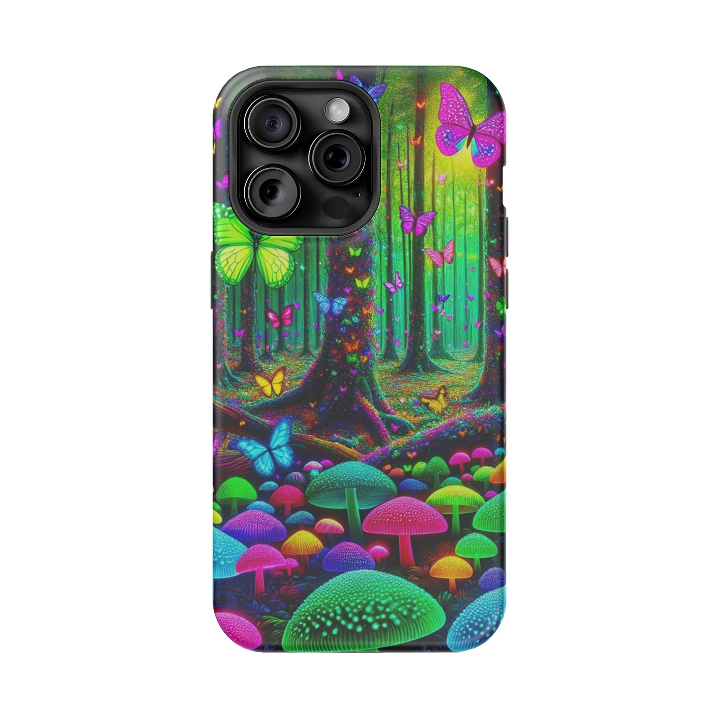 "Neon Garden Symphony". Neon Butterflies and Mushrooms Premium Art Magsafe Magnet Tough IPhone 13 14 15 Pro Plus Max and Mini in Matte and Glossy Phone cases