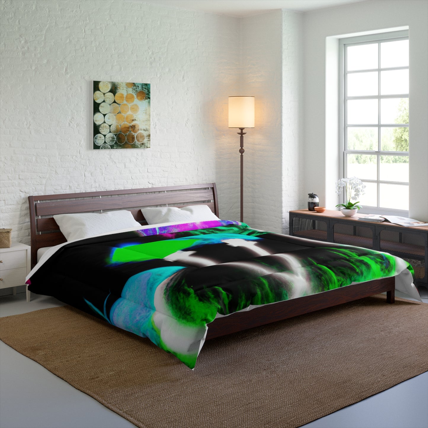 "Vibrant Neon Fantasy". Butterflies & Mushrooms Comforter Blanket