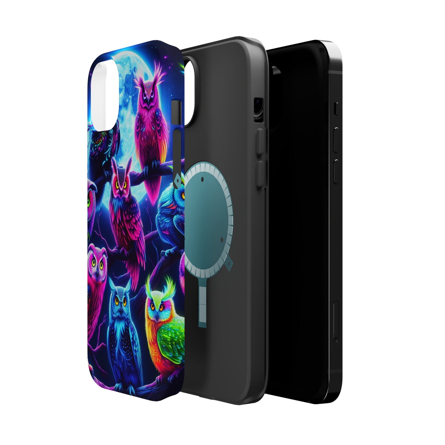 "Neon Splash of Owls" Neon Owls Premium Art Magsafe Magnet Tough IPhone 13 14 15 Pro Plus Max and Mini in Matte and Glossy Phone cases