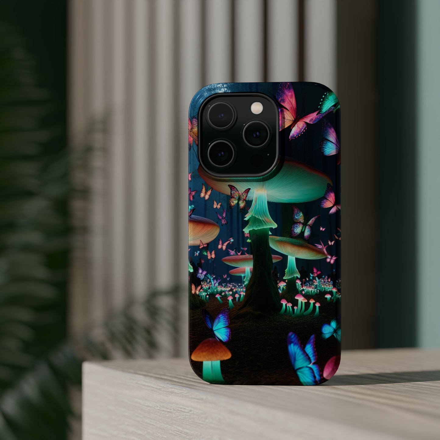 Neon Garden Delight. Neon Butterflies and Mushrooms Premium Art Magsafe Magnet Tough IPhone 13 14 15 Pro Plus Max and Mini in Matte and Glossy Phone cases