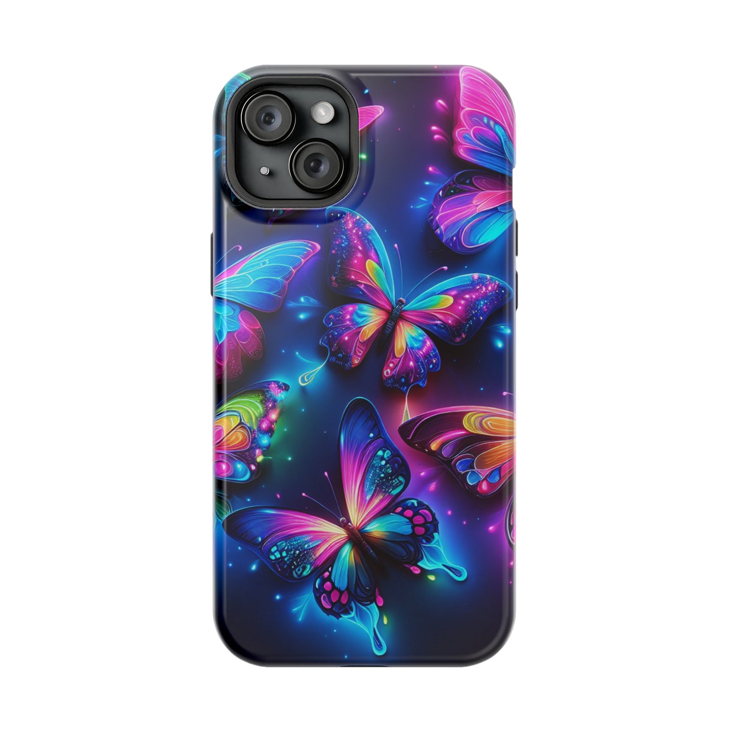 "Neon Butterfly Muster" Neon Butterflies Premium Art Magsafe Magnet Tough IPhone 13 14 15 Pro Plus Max and Mini in Matte and Glossy Phone cases