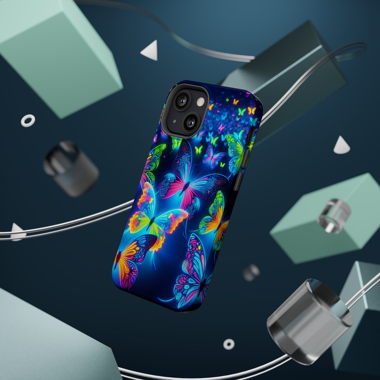 "Atmospheric Fluorescence" Neon Butterflies Premium Art Magsafe Magnet Tough IPhone 13 14 15 Pro Plus Max and Mini in Matte and Glossy Phone cases