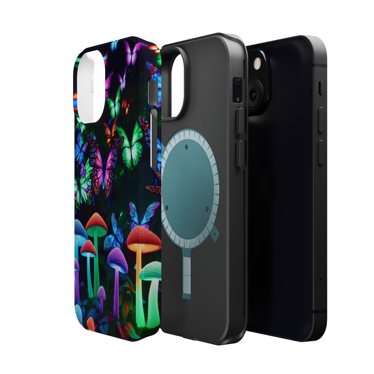 "Neon Burst Wonderland". Neon Butterflies and Mushrooms Premium Art Magsafe Magnet Tough IPhone 13 14 15 Pro Plus Max and Mini in Matte and Glossy Phone cases