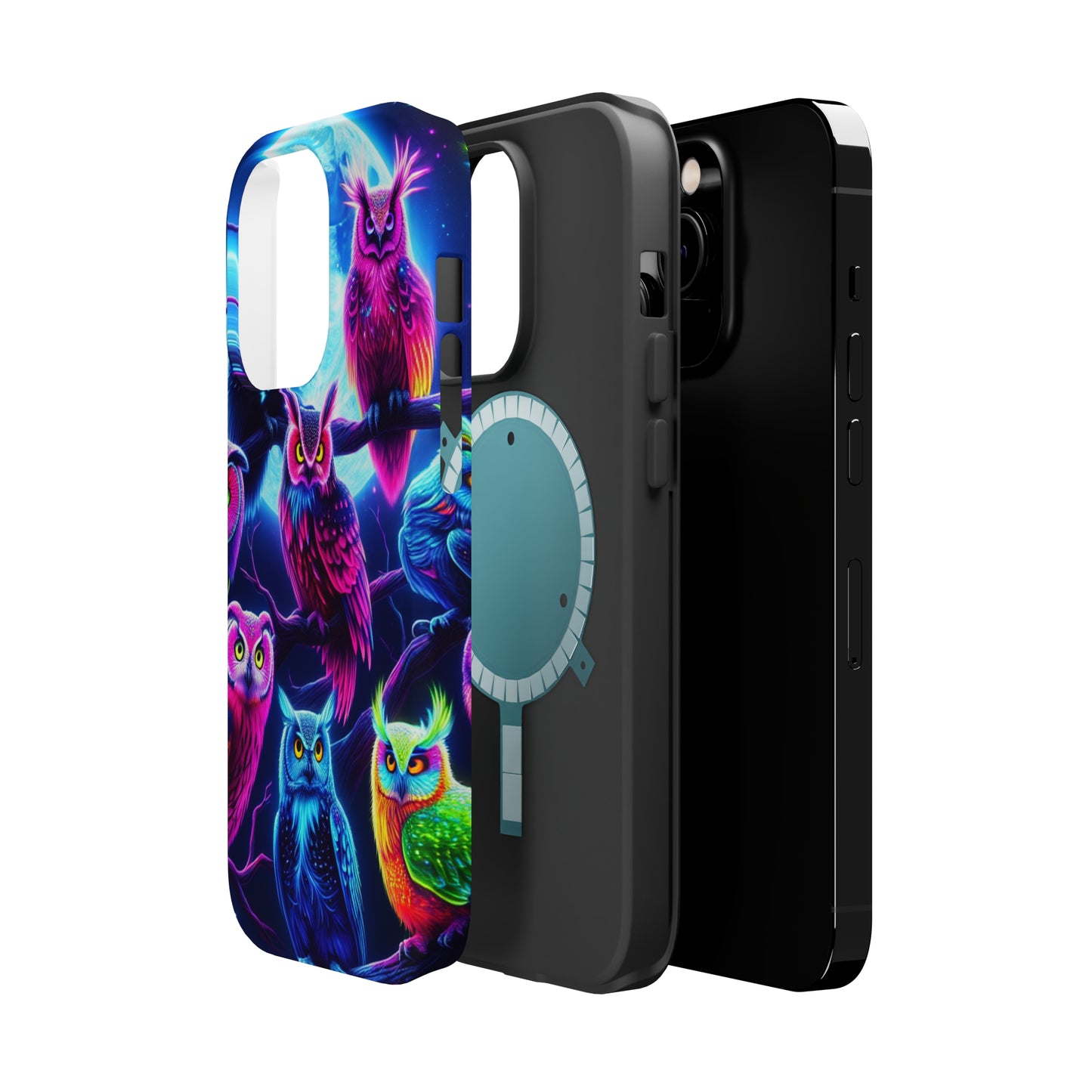 "Neon Splash of Owls" Neon Owls Premium Art Magsafe Magnet Tough IPhone 13 14 15 Pro Plus Max and Mini in Matte and Glossy Phone cases