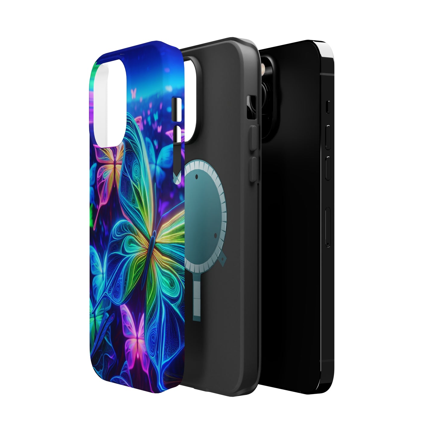 'Serene Spectacle of Neon Butterflies' Neon Butterflies Premium Art Magsafe Magnet Tough IPhone 13 14 15 Pro Plus Max and Mini in Matte and Glossy Phone cases