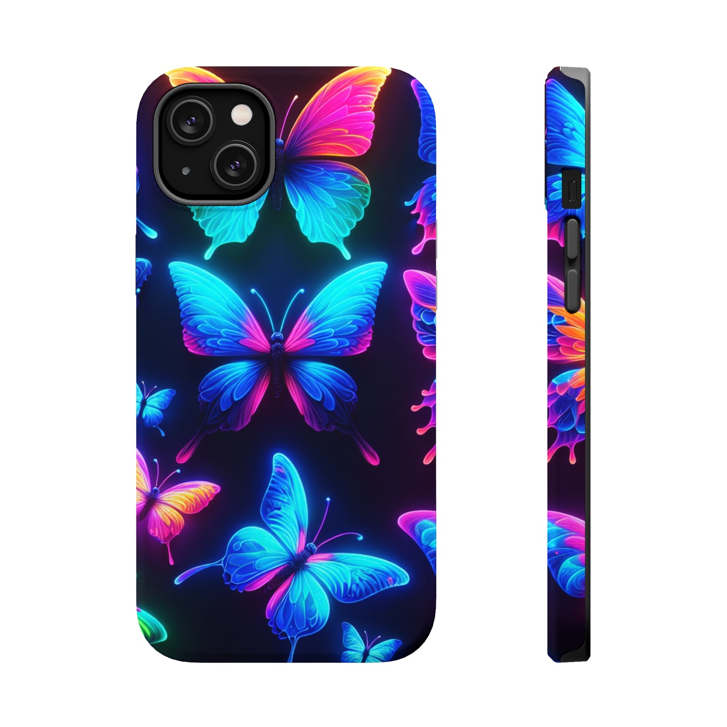 "Neon Flight Frenzy" Neon Butterflies Premium Art Magsafe Magnet Tough IPhone 13 14 15 Pro Plus Max and Mini in Matte and Glossy Phone cases