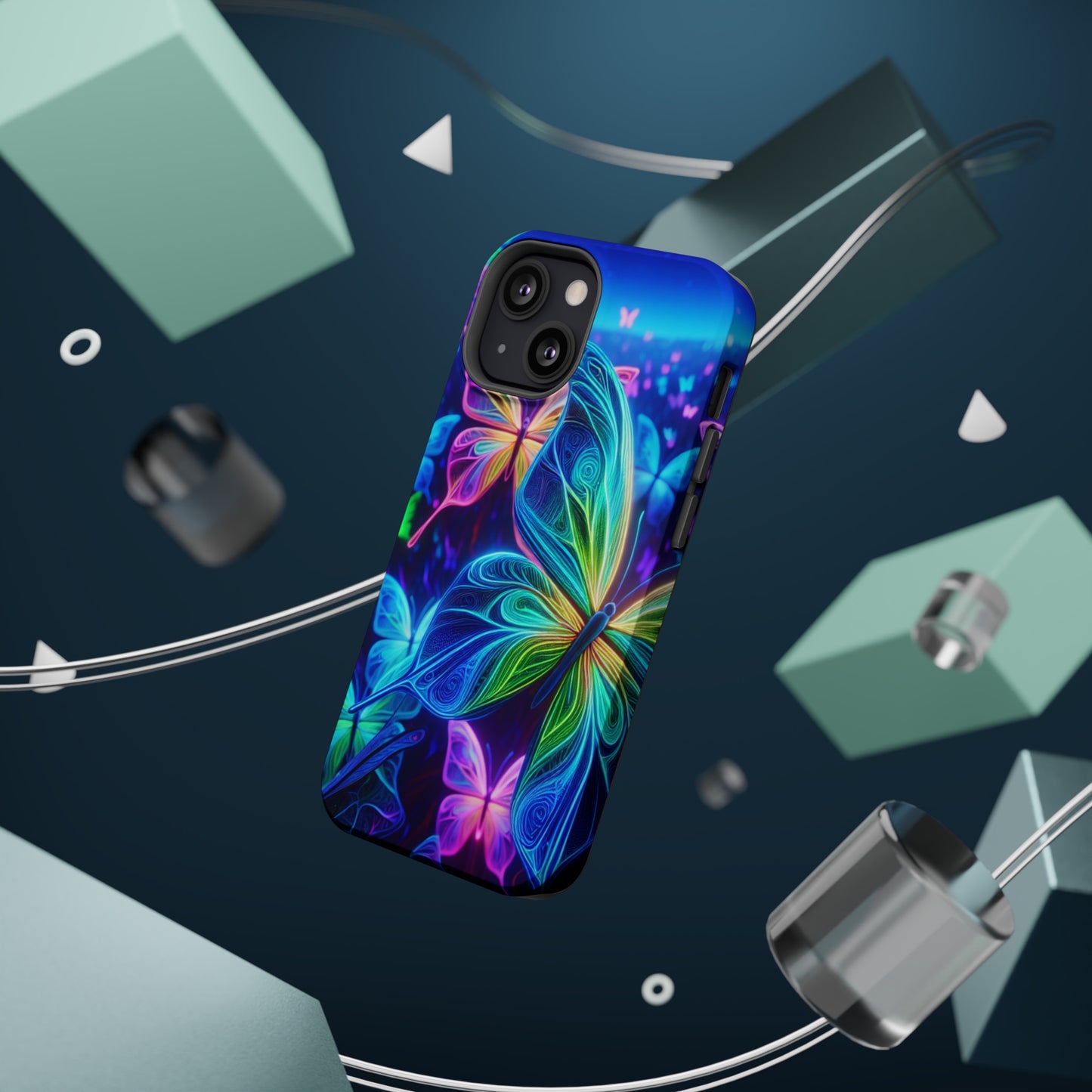 'Serene Spectacle of Neon Butterflies' Neon Butterflies Premium Art Magsafe Magnet Tough IPhone 13 14 15 Pro Plus Max and Mini in Matte and Glossy Phone cases