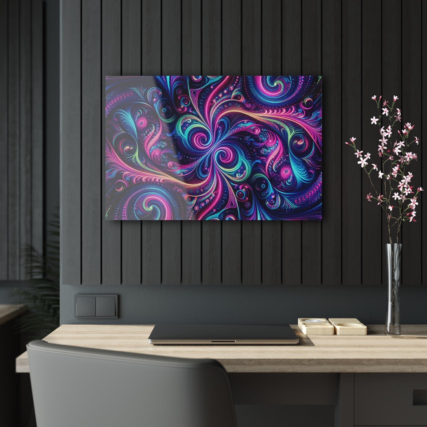 Vibrant Neon Infinity Fractalization. Trippy infity Pattern 1/4" Glossy Acrylic Art