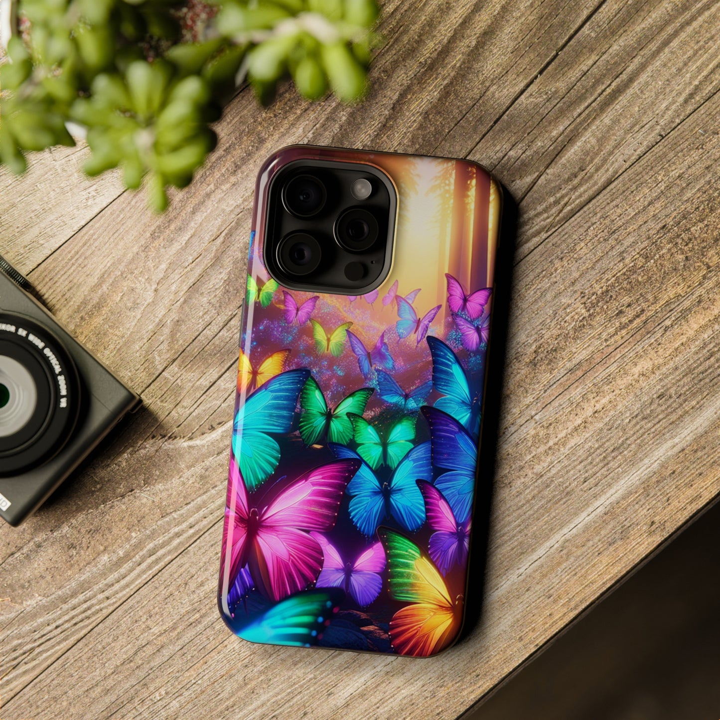 "Radiant Glowing Flight" Neon Butterflies Premium Art Magsafe Magnet Tough IPhone 13 14 15 Pro Plus Max and Mini in Matte and Glossy Phone cases