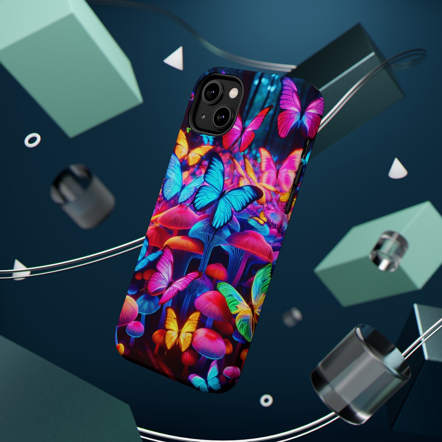"Neon Tie-Dye Garden" Neon Butterflies and Mushrooms Premium Art Magsafe Magnet Tough IPhone 13 14 15 Pro Plus Max and Mini in Matte and Glossy Phone cases