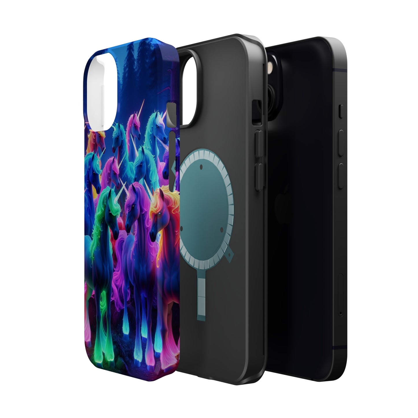 "Neon Fantasyland" Neon Unicorns Premium Art Magsafe Magnet Tough IPhone 13 14 15 Pro Plus Max and Mini in Matte and Glossy Phone cases