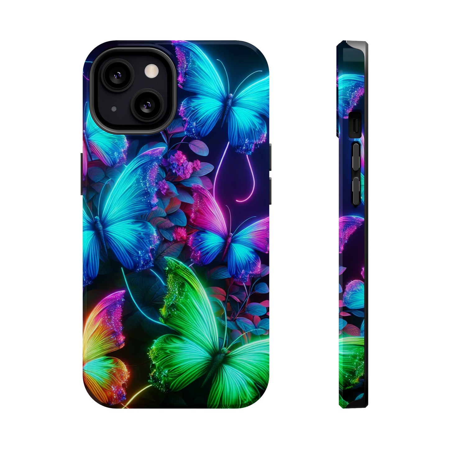 Neon Flutter Symphony Neon Butterflies Premium Art Magsafe Magnet Tough IPhone 13 14 15 Pro Plus Max and Mini in Matte and Glossy Phone cases