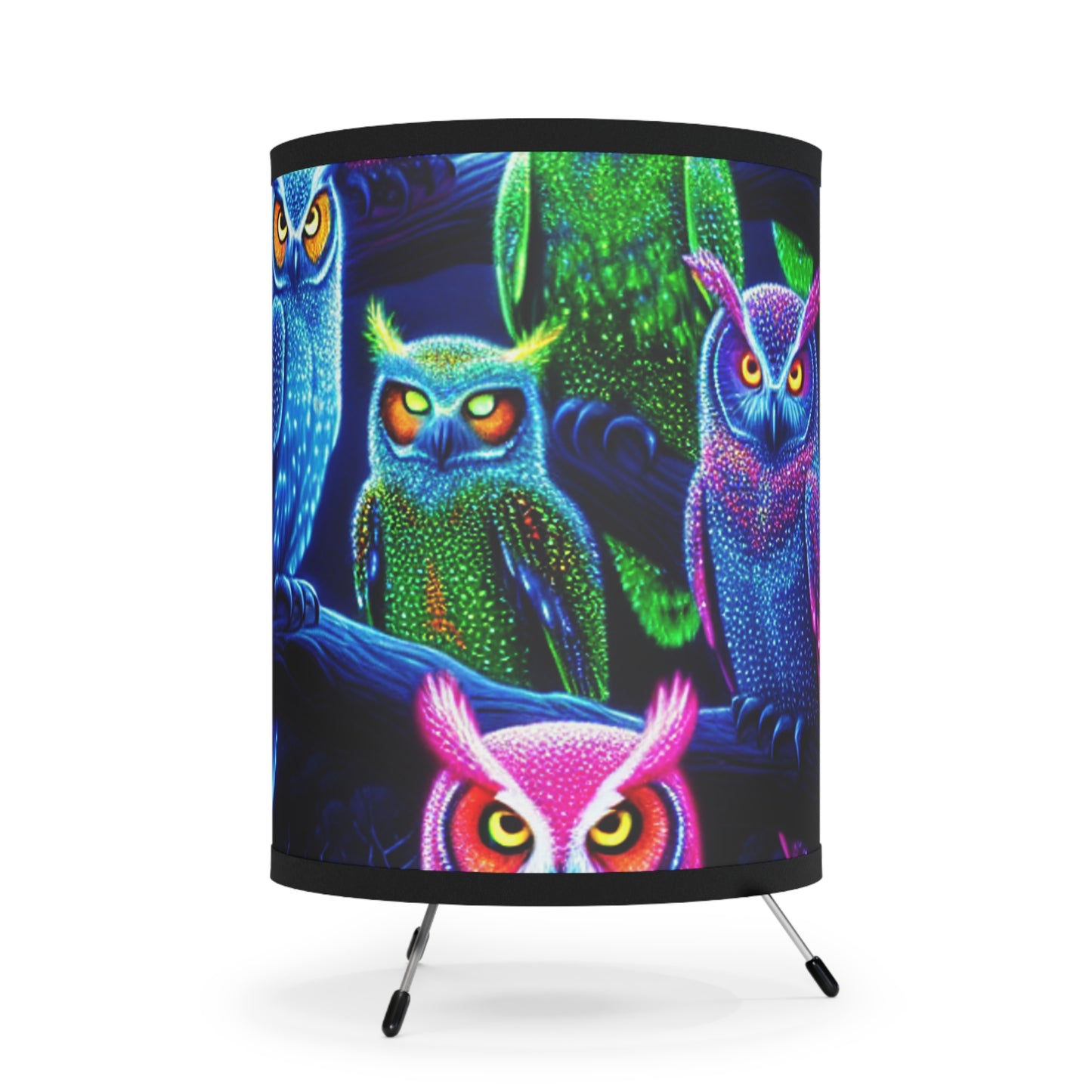 "Owls Under the Electric Moon" - NEON Owls Art Tripod Lamp