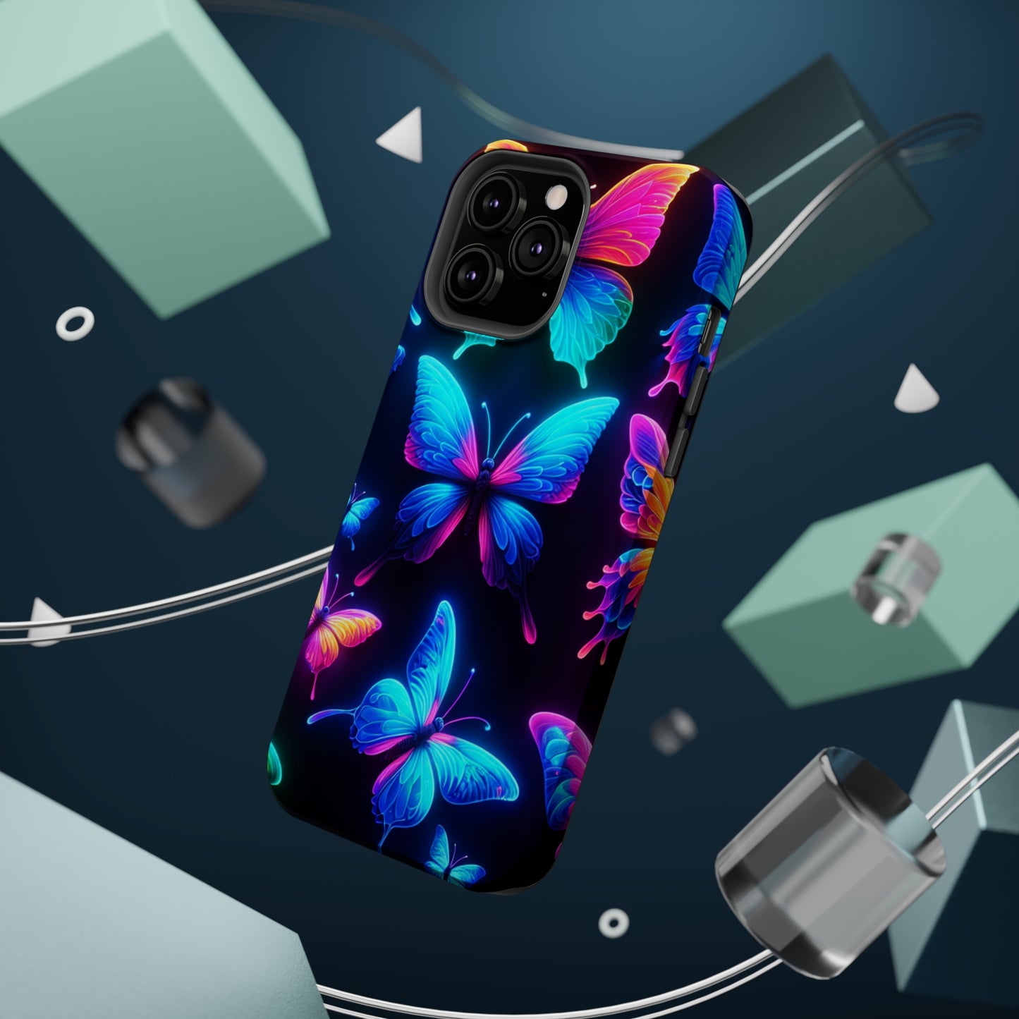 "Neon Flight Frenzy" Neon Butterflies Premium Art Magsafe Magnet Tough IPhone 13 14 15 Pro Plus Max and Mini in Matte and Glossy Phone cases