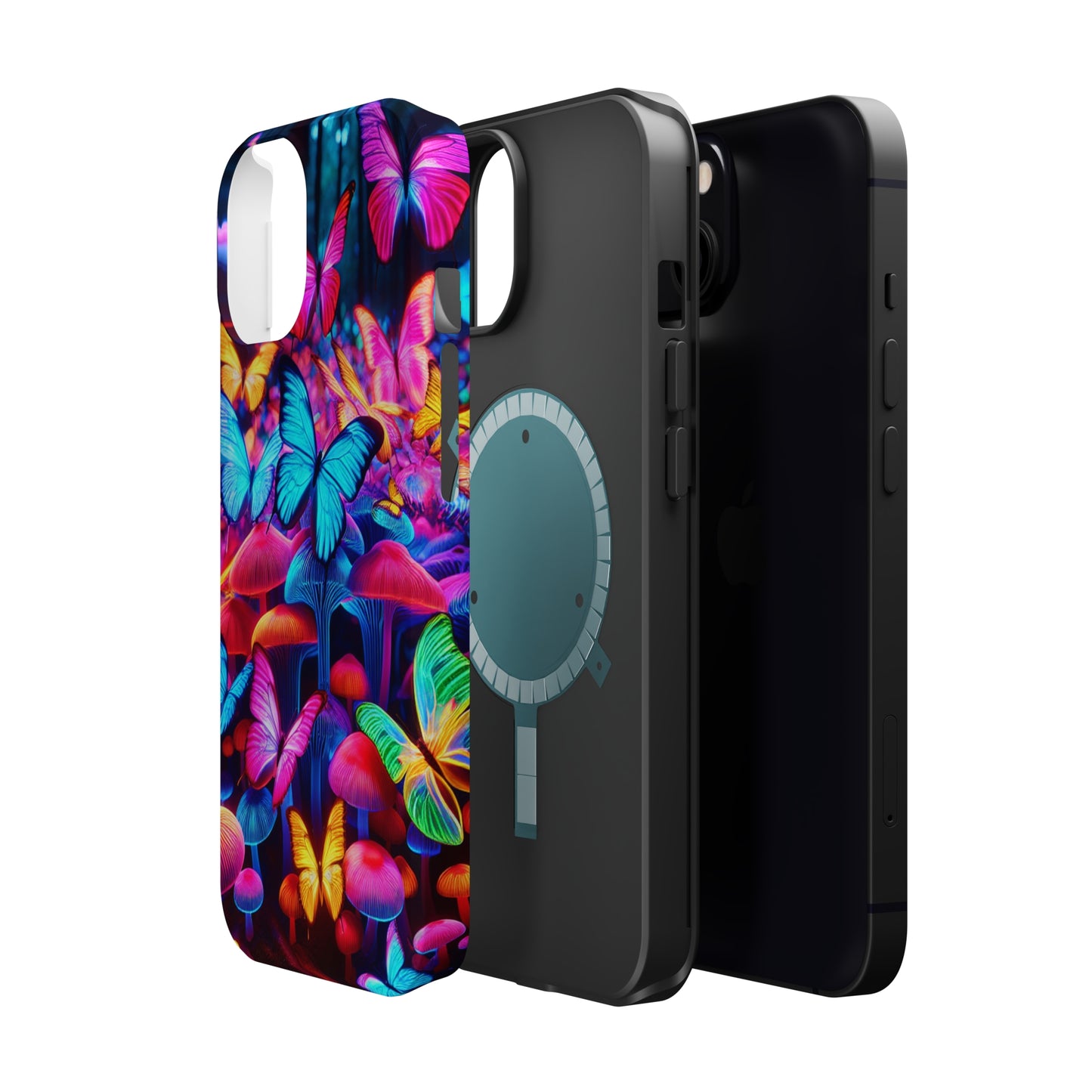 "Neon Tie-Dye Garden" Neon Butterflies and Mushrooms Premium Art Magsafe Magnet Tough IPhone 13 14 15 Pro Plus Max and Mini in Matte and Glossy Phone cases