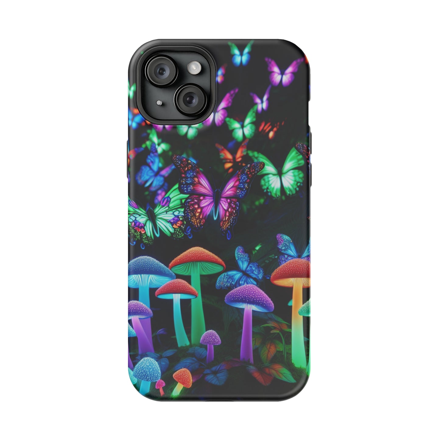 "Neon Burst Wonderland". Neon Butterflies and Mushrooms Premium Art Magsafe Magnet Tough IPhone 13 14 15 Pro Plus Max and Mini in Matte and Glossy Phone cases