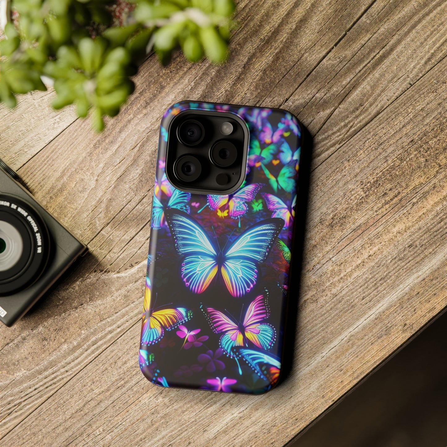 "Neon Butterflies in the Night Sky" Neon Butterflies Premium Art Magsafe Magnet Tough IPhone 13 14 15 Pro Plus Max and Mini in Matte and Glossy Phone cases