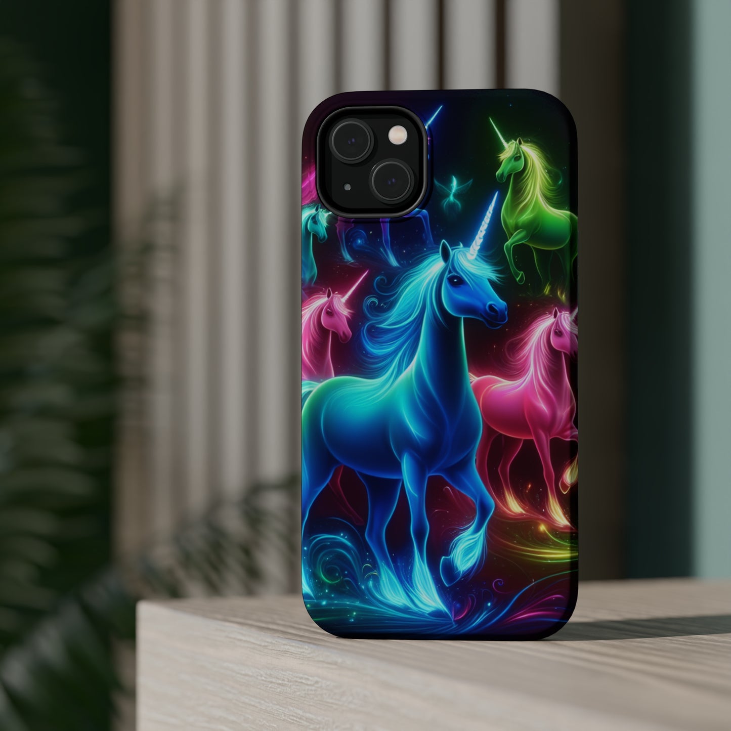 Neon Rainbow Herd. Neon Unicorns Premium Art Magsafe Magnet Tough IPhone 13 14 15 Pro Plus Max and Mini in Matte and Glossy Phone cases